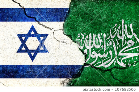 Israel vs Hamas national flag illustration / cracked concrete wall texture 107688506