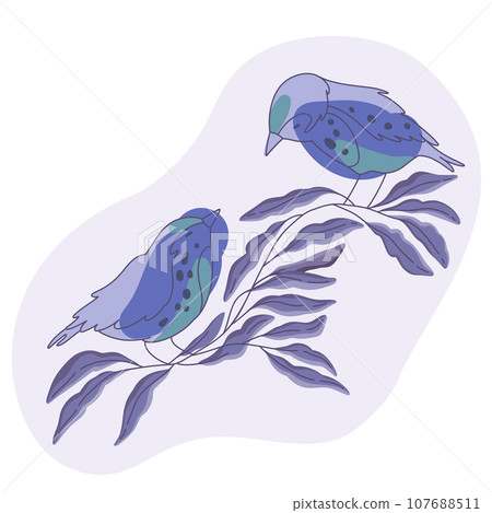 Two birds is sitting on a branch. Twig, leaves 107688511
