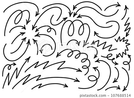 Hand drawn thin line dynamic arrows set. Vector black design elements isolated on white background. 107688514