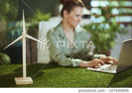 Smiling business owner woman in green office working on laptop 107688806