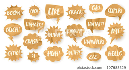 Crumpled paper comic speech bubbles. Hand drawn retro cartoon stickers with text. Pop art style. Old, vintage dialog boxes with cardboard texture. Vector illustration 107688829