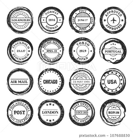 Post stamps, labels and badges. Grunge imprints and postmarks. Vintage circle postcard watermarks. Used envelope design elements. Vector illustration 107688830