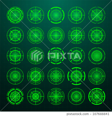 Crosshair, gun sight vector icons. Bullseye, black target or aim symbol. Military rifle scope, shooting mark sign. Targeting, aiming for a shot. Archery, hunting and sports shooting. Game UI element. Crosshair, gun sight vector icons. Bullseye, black target or aim symbol. Military rifle scope, shooting mark sign. Targeting, aiming for a shot. Archery, hunting and sports shooting. Game UI element. 107688841
