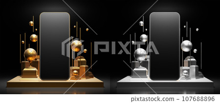 Set of silver and gold phones on golden presentation podium with levitation spheres and geometry composition. 3d render illustration mockup. 107688896