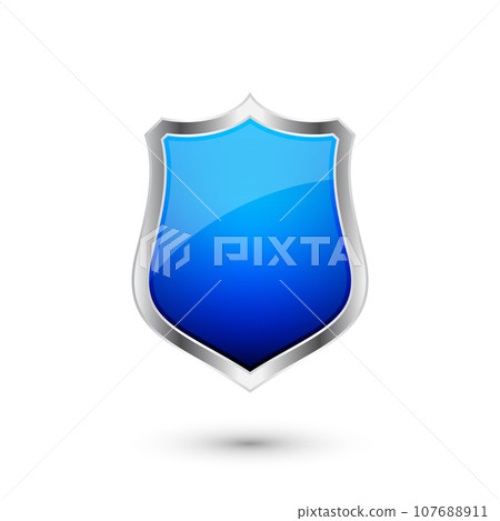 Vintage heraldic 3d shield icon with shiny metal frame. Blue protection, security and defence symbol. Medieval design element. Vector illustration Vintage heraldic 3d shield icon with shiny metal frame. Blue protection, security and defence symbol. Medieval design element. Vector illustration 107688911