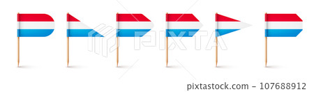 Luxembourgish toothpick flags. Souvenir from Luxembourg. Wooden toothpicks with paper flag. Location mark, map pointer. Blank mockup for advertising and promotions. Vector illustration Luxembourgish toothpick flags. Souvenir from Luxembourg. Wooden toothpicks with paper flag. Location mark, map pointer. Blank mockup for advertising and promotions. Vector illustration 107688912