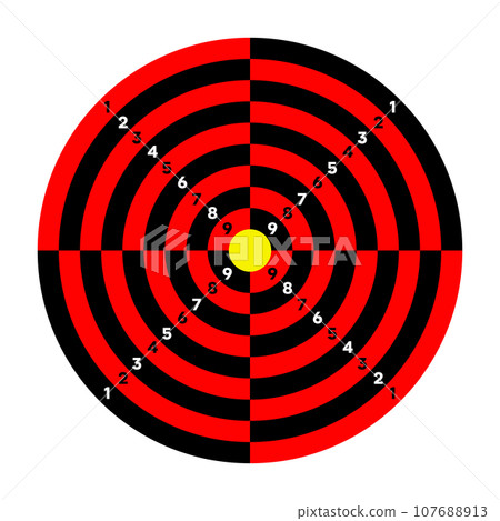 Shooting range paper target with divisions, marks and numbers. Archery, gun shooting practise and training, sport competition and hunting. Bullseye and aim. Vector illustration Shooting range paper target with divisions, marks and numbers. Archery, gun shooting practise and training, sport competition and hunting. Bullseye and aim. Vector illustration 107688913