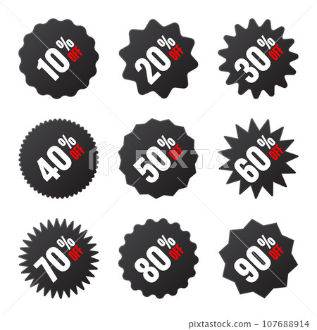 Price tags collection, special offer or shopping discount label with percent, discount percentage value. Black turned retail paper sticker. Promotional sale badge. Vector illustration Price tags collection, special offer or shopping discount label with percent, discount percentage value. Black turned retail paper sticker. Promotional sale badge. Vector illustration 107688914