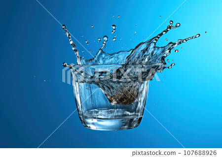 A transparent glass with water pouring out of it on a gradient blue background A transparent glass with water pouring out of it on a gradient blue background 107688926
