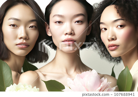 Female portrait of three attractive women of mixed races. Female portrait of three attractive women of mixed races. 107688941