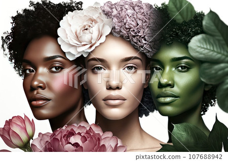 Female portrait of three attractive women of mixed races. 107688942