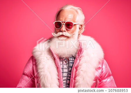A gray-bearded stylish man in sunglasses and a fashionable pink suit 107688953