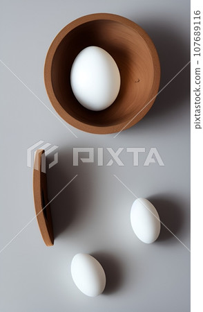 white egg in wood bowl on white background 107689116