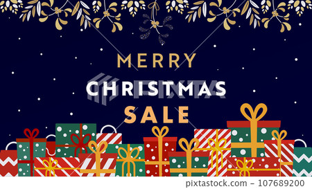Luxurious Christmas advertising template (blue) decorated with presents and mistletoe 107689200