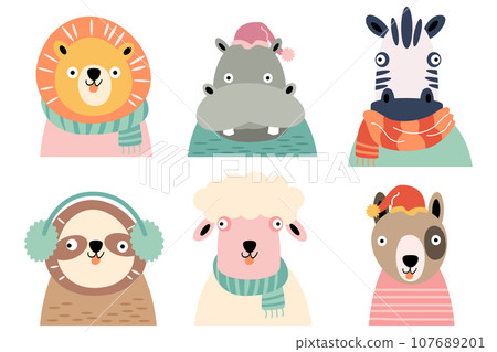 Wildlife animals with winter costume . Flat design . White isolate background . Set 1 of 4 . Vector . 107689201