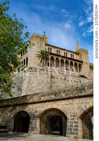 Gothic medieval Royal Palace of La Almudaina. Palma de Mallorca. Balearic Islands Spain. 107689244