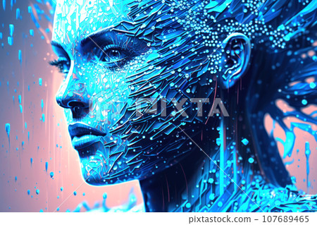 A profile of a human face created from glowing machine code on a dark blue background A profile of a human face created from glowing machine code on a dark blue background 107689465