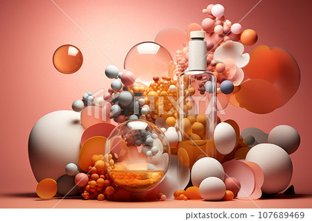 Glass bottles with a transparent essence and a silver lid on an abstract multicolored background 107689469