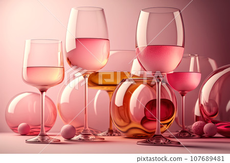 A collection of elegant transparent glasses on a high stem with a pink drink 107689481