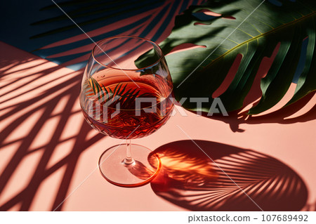 Still life with an elegant crystal glass with patterns with pink wine and green leaves inside. Generated by AI. Still life with an elegant crystal glass with patterns with pink wine and green leaves inside. Generated by AI. 107689492