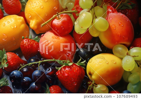Colorful bright pattern of different fruits, citrus and berries. 107689493