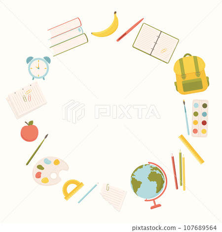 Round frame with school supplies. Border with globe and backpack, books, rulers, pen, pencil, notebook. Cartoon vector illustration 107689564