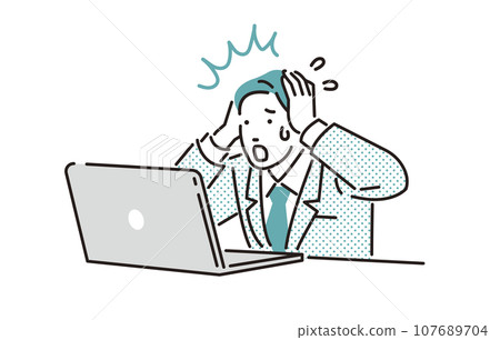 A businessman holding his head while looking at a computer 107689704
