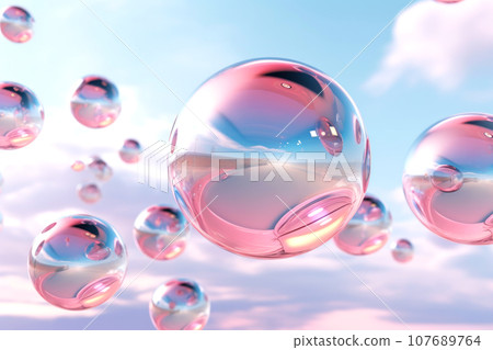 Futuristic composition of suspended glass pink and blue Christmas balls 107689764