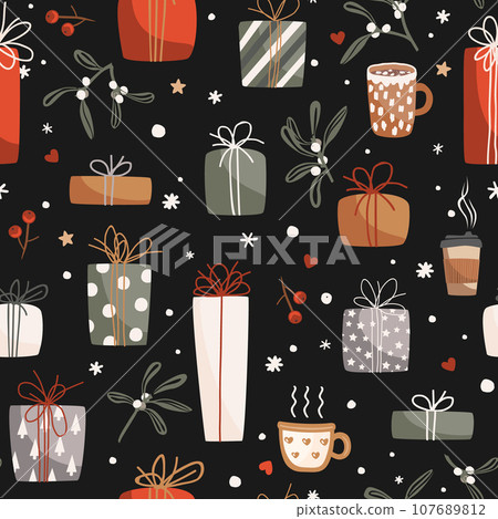 Seamless vector pattern with Christmas gift boxes, mugs, and mistletoe branches. Creative Hand Drawn texture for winter holidays, wrapping paper, wallpaper, cards Seamless vector pattern with Christmas gift boxes, mugs, and mistletoe branches. Creative Hand Drawn texture for winter holidays, wrapping paper, wallpaper, cards 107689812
