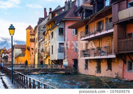 Thiou river embankment in Annecy, France Thiou river embankment in Annecy, France 107689876