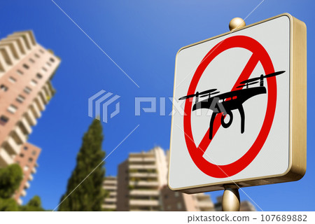 Drones Prohibited Sign - Road Sign of No Fly Drones Area Drones Prohibited Sign - Road Sign of No Fly Drones Area 107689882