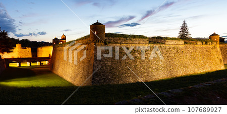 Stone walls and towers of historical Jaca Citadel monument in Aragon, Spain Stone walls and towers of historical Jaca Citadel monument in Aragon, Spain 107689927
