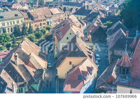 Aerial view from clock tower in Sighisoara, Romania 107689966