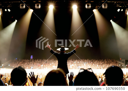Rear view of a person wearing a hat and raising both hands at a live venue, generative ai 107690350