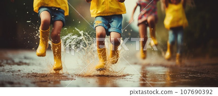 Several children in rain yellow boots, jumping and splashing in puddles as rain falls around them. Several children in rain yellow boots, jumping and splashing in puddles as rain falls around them. 107690392
