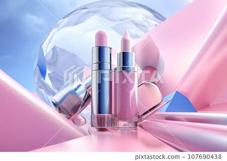 Pink lipsticks fly on an abstract background with shiny textures and a crystal sphere. Generated by AI. 107690438