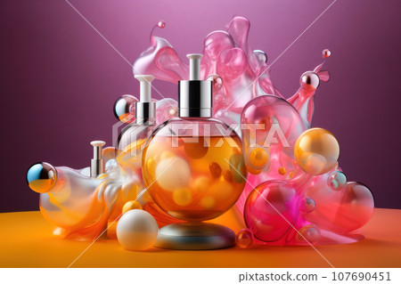 Glass bottles with a transparent essence and a silver lid on an abstract multicolored background 107690451