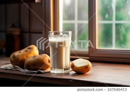 Close up of a glass of milk and three potatoes on a light wooden table 107690453