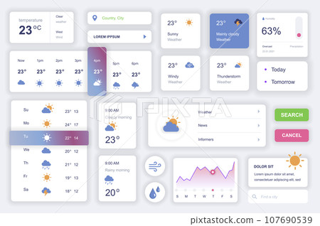 User interface elements set for weather mobile app. Kit template with HUD diagrams, meteorology forecast, temperature, sun, cloud and rain elements. Pack of UI, UX, GUI screens. Vector components. 107690539