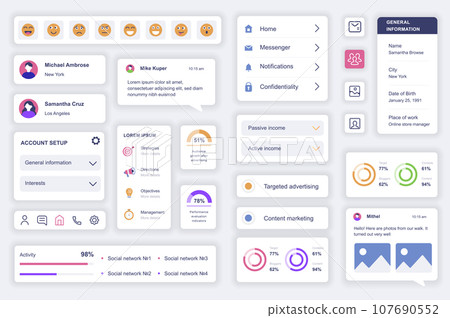User interface elements set for social media mobile app. Kit template with HUD diagrams, profile information, emoticons, account setup, statistics. Pack of UI, UX, GUI screens. Vector components. 107690552