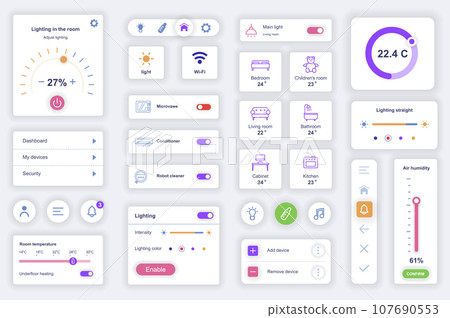 User interface elements set for smart home mobile app. Kit template with HUD diagrams, security control, monitoring temperature, electricity, lighting. Pack of UI, UX, GUI screens. Vector components. User interface elements set for smart home mobile app. Kit template with HUD diagrams, security control, monitoring temperature, electricity, lighting. Pack of UI, UX, GUI screens. Vector components. 107690553