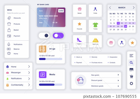 User interface elements set for shopping mobile app. Kit template with HUD diagrams, profile information, credit card payment, basket, search products. Pack of UI, UX, GUI screens. Vector components. User interface elements set for shopping mobile app. Kit template with HUD diagrams, profile information, credit card payment, basket, search products. Pack of UI, UX, GUI screens. Vector components. 107690555