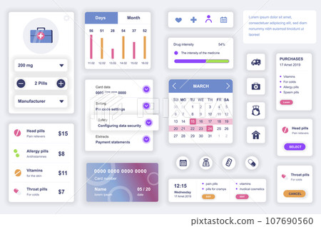 User interface elements set for medical mobile app. Kit template with HUD diagrams, clinic information, diagnosis, pills prescription, online pharmacy. Pack of UI, UX, GUI screens. Vector components. User interface elements set for medical mobile app. Kit template with HUD diagrams, clinic information, diagnosis, pills prescription, online pharmacy. Pack of UI, UX, GUI screens. Vector components. 107690560