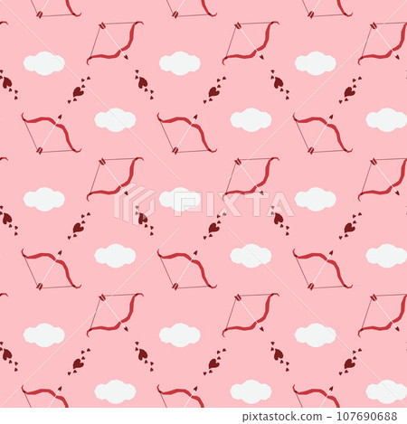Seamless pattern with bow, arrow, heart and cioud. Valentines day decor. Festive pattern for fabric, wrapping paper, clothing. Vector illustration. Seamless pattern with bow, arrow, heart and cioud. Valentines day decor. Festive pattern for fabric, wrapping paper, clothing. Vector illustration. 107690688