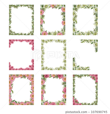 Flowers square frame with dahlia, watercolor illustration for cards, backgrounds, scrapbooking. Hand drawn background with flower for your design. Perfect for wedding invitation. Flowers square frame with dahlia, watercolor illustration for cards, backgrounds, scrapbooking. Hand drawn background with flower for your design. Perfect for wedding invitation. 107690745