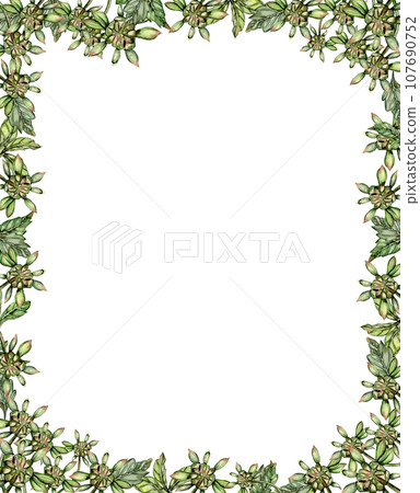 Flowers square frame with dahlia, watercolor illustration for cards, backgrounds, scrapbooking. Hand drawn background with flower for your design. Perfect for wedding invitation. 107690752