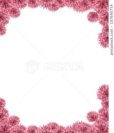 Flowers square frame with dahlia, watercolor illustration for cards, backgrounds, scrapbooking. Hand drawn background with flower for your design. Perfect for wedding invitation. 107690754