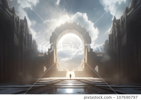 Futuristic space composition with a round portal in the middle. Futuristic space composition with a round portal in the middle. 107690797