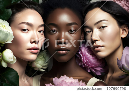Female portrait of three attractive women of mixed races. Female portrait of three attractive women of mixed races. 107690798