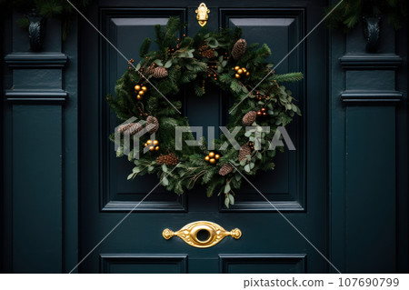 Green front door with Christmas wreath and street festive decorations on holidays Green front door with Christmas wreath and street festive decorations on holidays 107690799